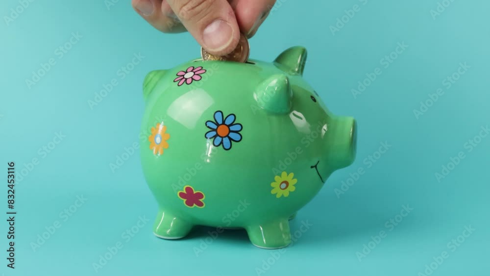 gros plan sur la main d'une personne mettant une pièce dans une tirelire cochon.