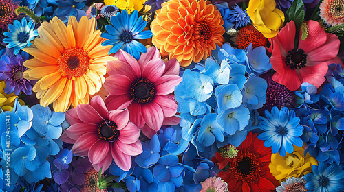Colorful flower arrangement showcasing a mix of vibrant hues and shades, perfect for an art project