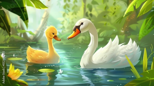 Fototapeta Naklejka Na Ścianę i Meble -  Cartoon swan and duck swimming in the pond
