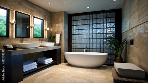 Luxurious bathroom with large bathtub and double sinks.