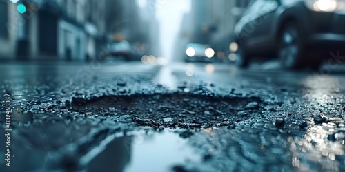 Poor Road Conditions in Urban Area: City Street with Potholes Near Tall Buildings, Car Stopped. Concept Road Maintenance, Urban Infrastructure, Vehicle Troubles, City Streets, Public Safety