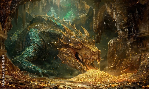 Subterranean cave with dragons lair and piles of gold, rich colors, fantasy, digital art, mythical and captivating, photo