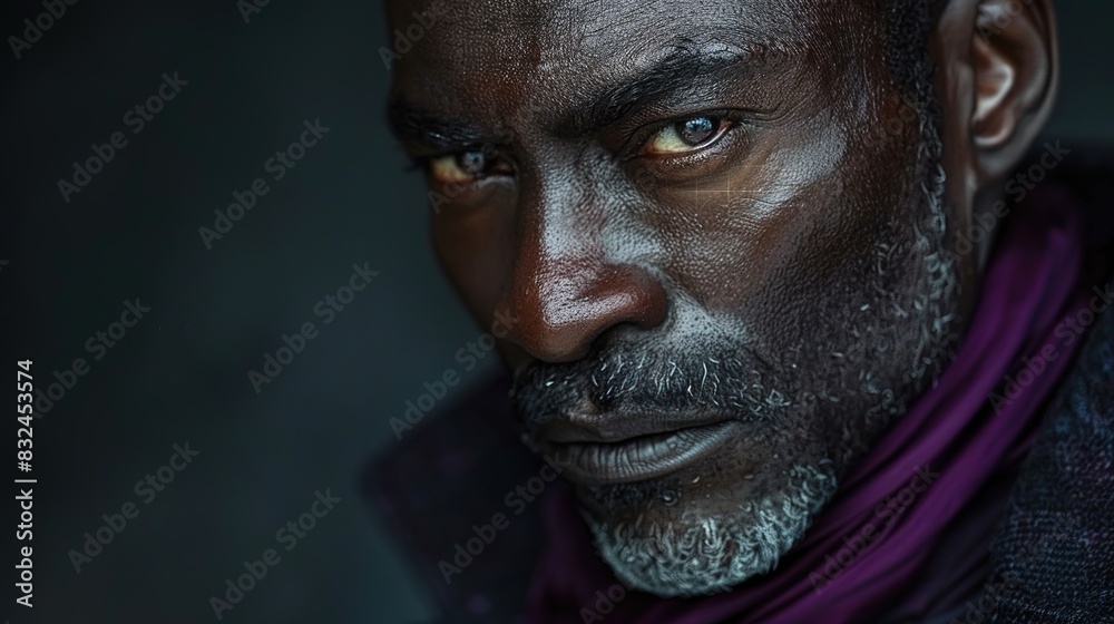 Intense Portrait of a Scary, Broad-Shouldered Middle-Aged African Man with Shaven Head and Piercing Eyes in Deep Purple Turtleneck and Black Jacket, Against a Bright Background
