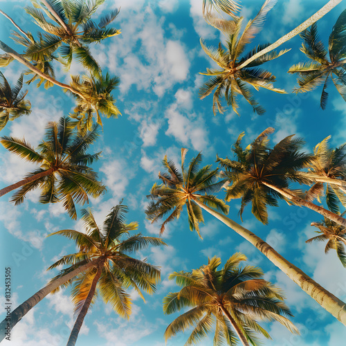 Tropical Serenity  Skyward View of Palm Trees against Blue Sky