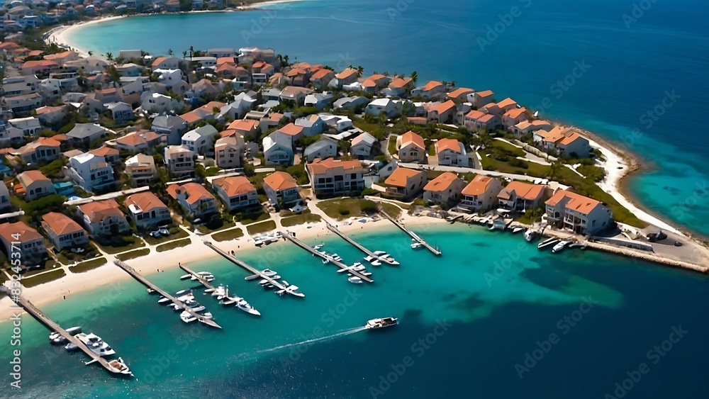 Aerial view of a costal community with many homes and a marina with docked boats.