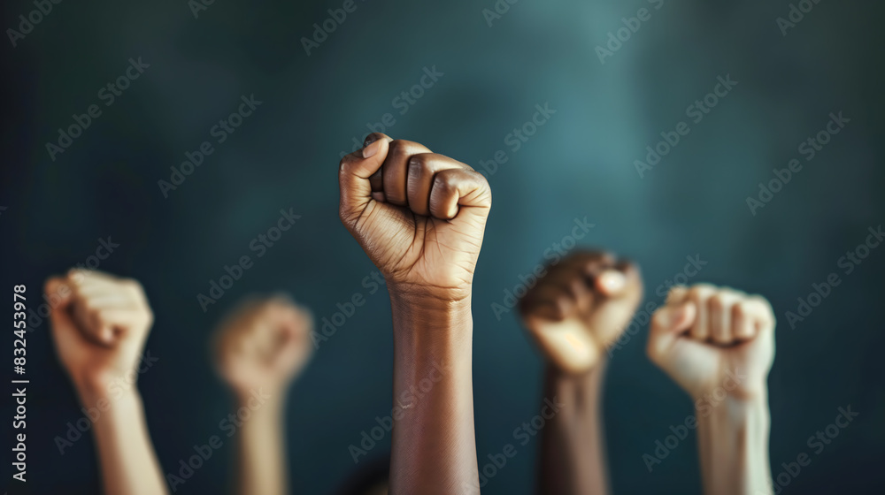 Unity and Diversity Represented by Raised Fists Against a Teal Background Unity and Diversity Represented by Raised Fists Against a Teal Background