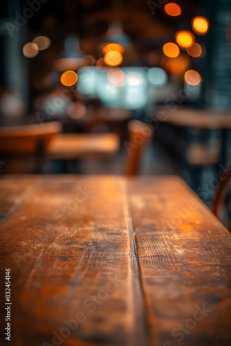 Warm and Inviting Wooden Table in a Cozy Cafe Setting with Blurred Background