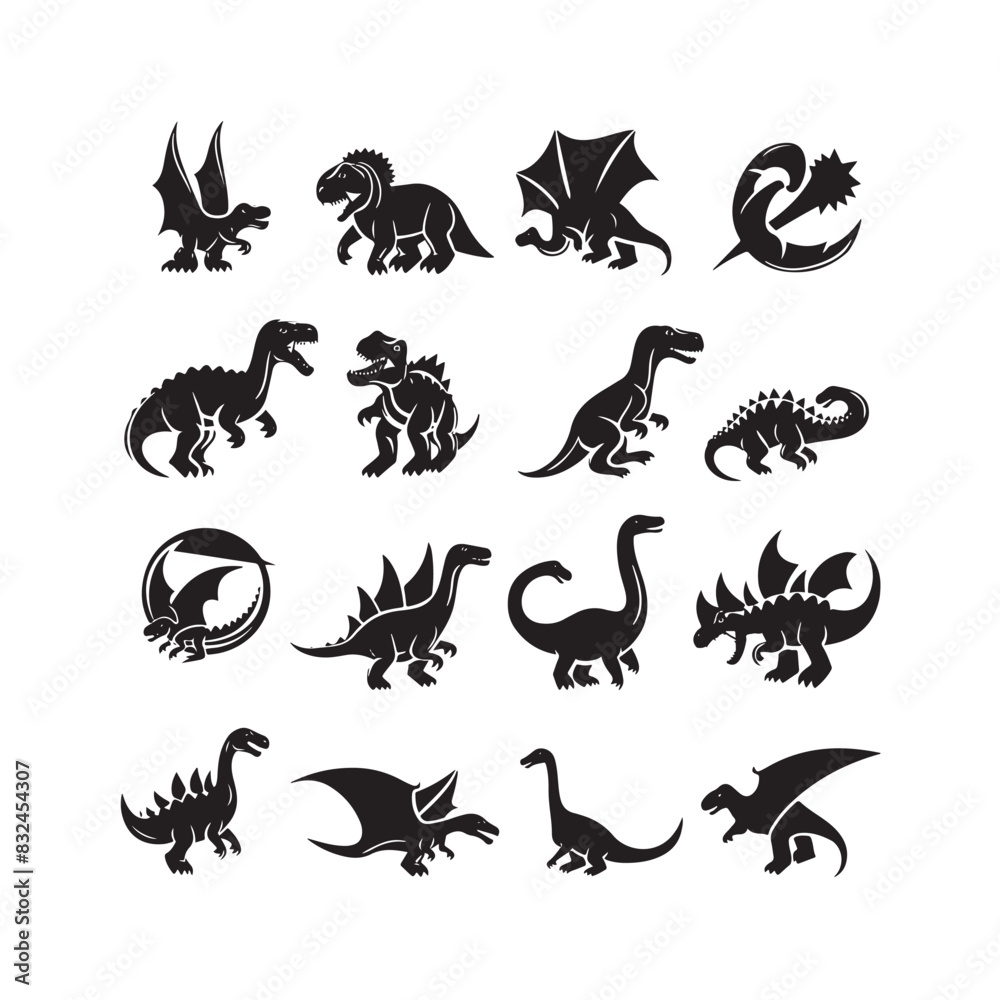 Black dinasour silhouette set white Background Black dinasour silhouette set white Background
