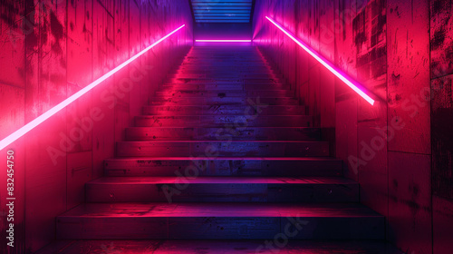 A staircase with neon lights on it