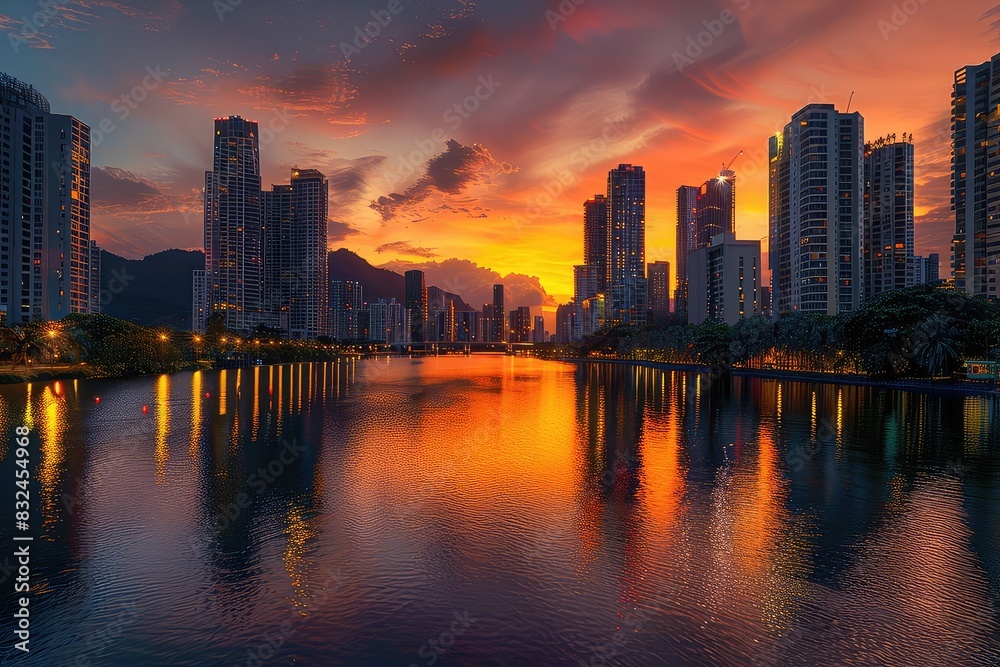 Naklejka premium Sunset city skyline with reflections on a calm river, warm oranges and pinks, highresolution photography, serene and picturesque,
