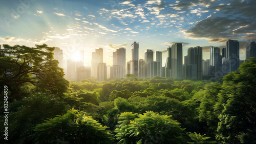 High angle forest with city and sunlight as background. Concept of sustainable development cities green world emphasize on environmental conservation climate change. High grain artistic effects #832454939