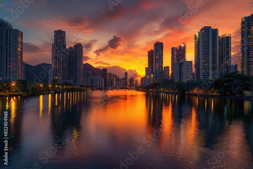 Sunset city skyline with reflections on a calm river  warm oranges and pinks  highresolution photography  serene and picturesque 