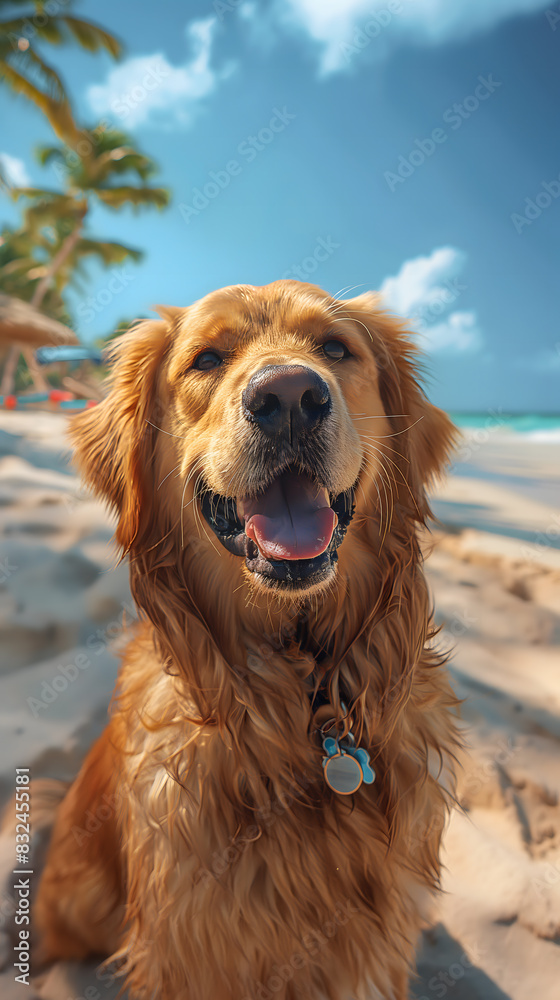 Happy Dog Enjoying the Sun and Sand at a Tropical Beach