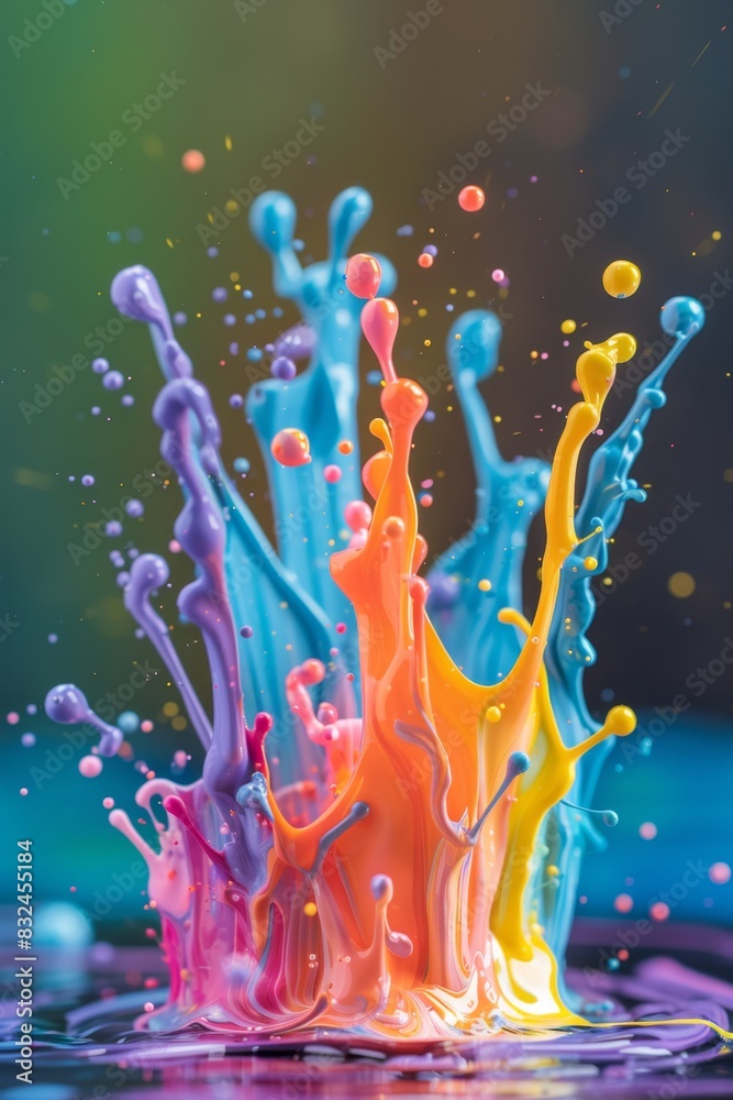 A captivating burst of multicolor paint splashes captured in mid-motion, creating a dynamic and visually striking display against a blurred background.