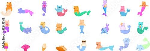 Mermaid cats icons set vector. A collection of cartoon mermaids in various colors and sizes. Some are swimming, some are laying on the ocean floor, and some are holding objects like a cup and a bottle