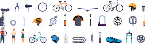 Bicycle store icons set vector. A collection of bicycle parts and accessories