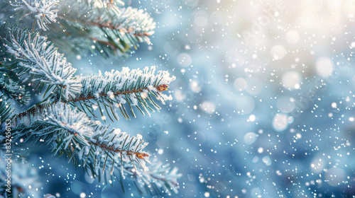 Christmas background with fir branches and snow, severe frost, close-up © Anatoli