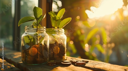 Two clear mason jars filled with a variety of coins and small green plants on a wooden surface. photo
