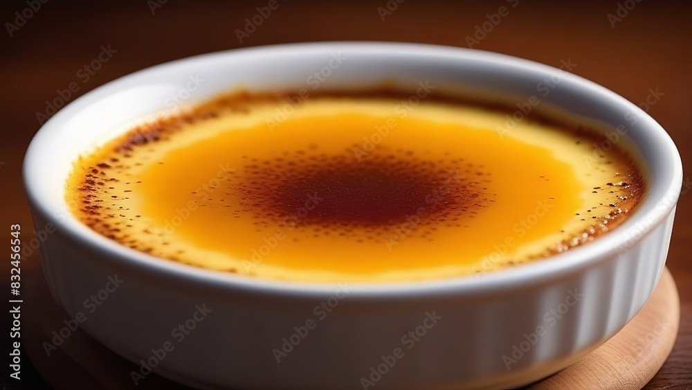 A classic creme brulee served in a white ramekin, featuring a perfectly caramelized sugar crust. The creamy custard underneath creates a rich and satisfying dessert experience A classic creme brulee served in a white ramekin, featuring a perfectly caramelized sugar crust. The creamy custard underneath creates a rich and satisfying dessert experience