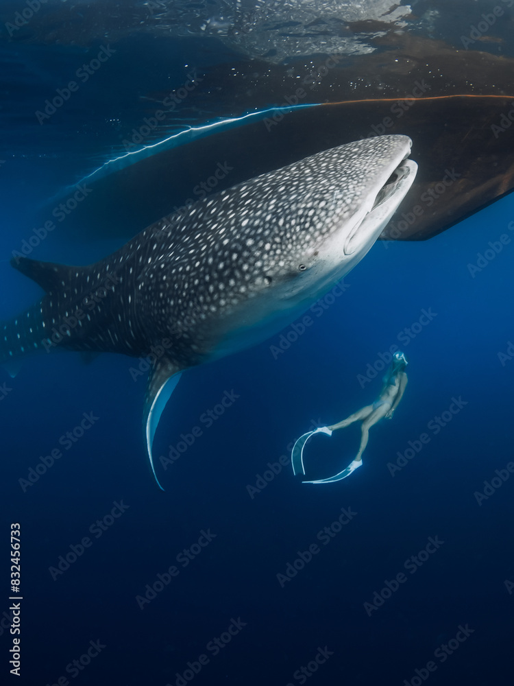 Naklejka premium Woman swim with whale shark in blue ocean. Giant Shark underwater and woman freediver