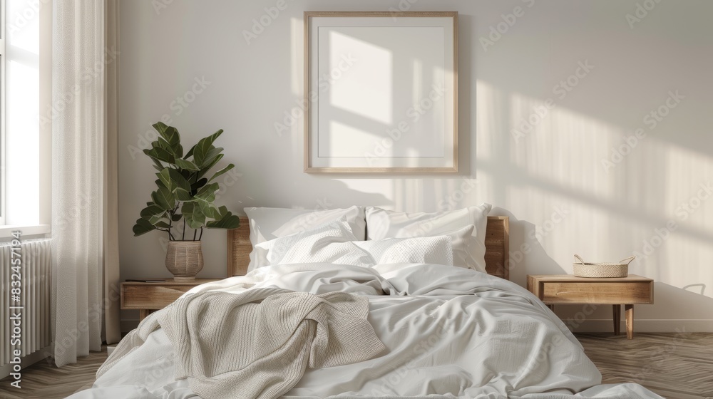 Interior of comfortable modern bedroom. Mockup frame in bedroom interior background, room in light pastel colors, 3d render