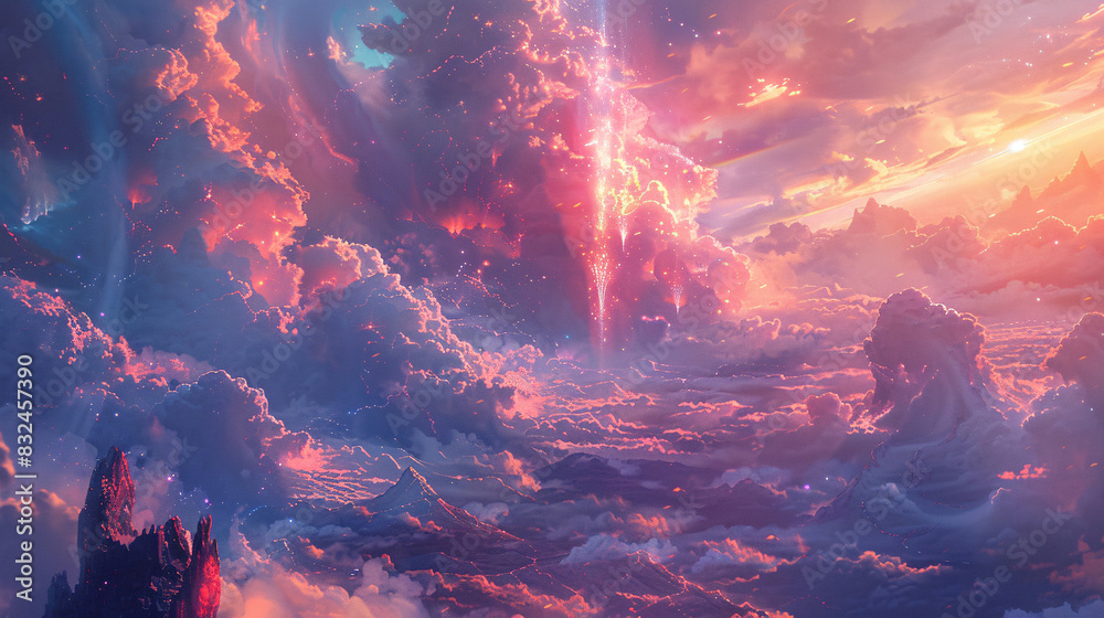 Naklejka premium Digital painting of a fantasy world with mystical clouds and magical scenery, suitable for a science fiction background