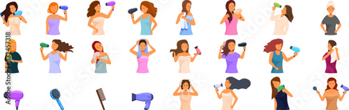 Girl dries hair icons set vector. A collection of women in various stages of hair washing and blow drying. Concept of self-care and the importance of taking time for oneself