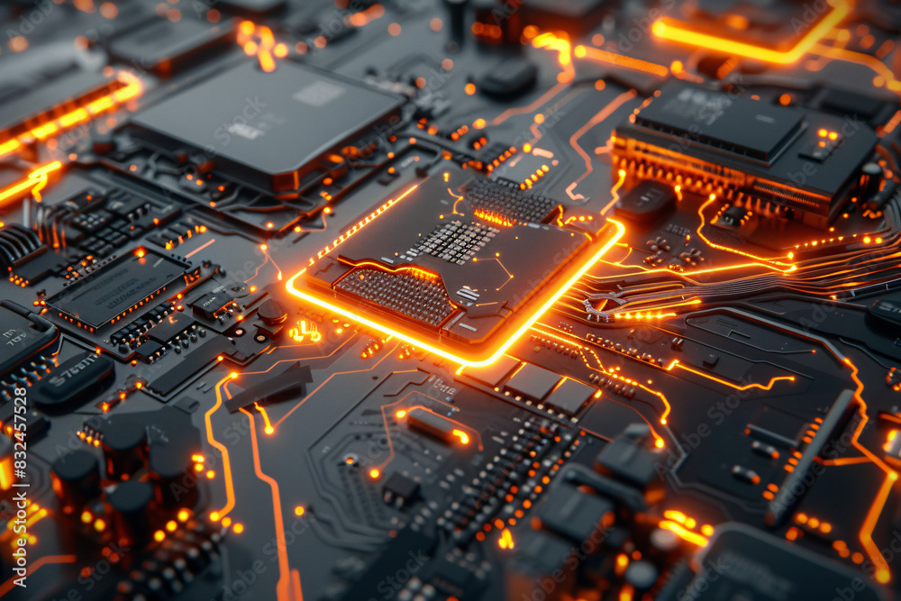 Fototapeta premium CPU Neon Flow: A Futuristic Representation of Advanced Technology with Orange Data Flowing Across a Microchip and Motherboard