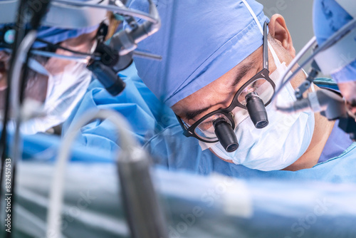 Close-up on the face of a doctor performing heart surgery on a patient in the operating room. Portrait doctor of surgeons in Surgery operating room.