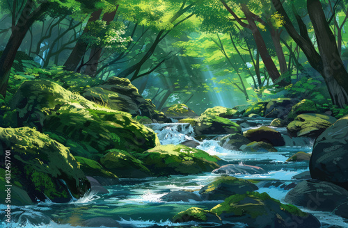 A serene forest scene with flowing water and moss-covered rocks, showcasing the beauty of nature's greenery. © Kien