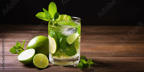 Mojito coktail in a glass with mint and lime