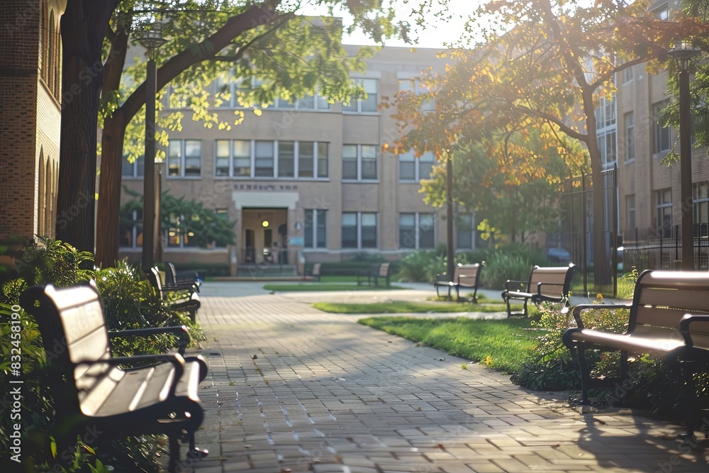 A Campus Courtyard with Benches and Soft Blurred Buildings in the Background Transport