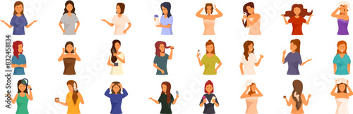Woman dandruff icons set vector. A collection of women in various outfits and hairstyles. Some are talking on cell phones, while others are brushing their hair or putting on makeup. Scene is casual