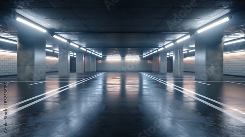 Spacious Underground Parking Garage With Bright Lighting During Evening Hours. Generative AI © Vasyl