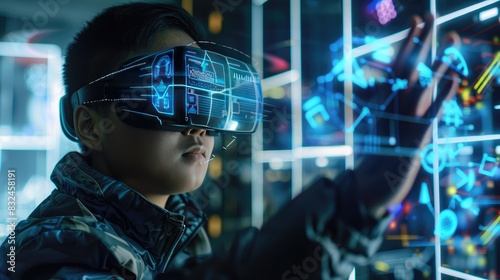 A person wearing a futuristic augmented reality headset, interacting with digital elements overlaid on the real world