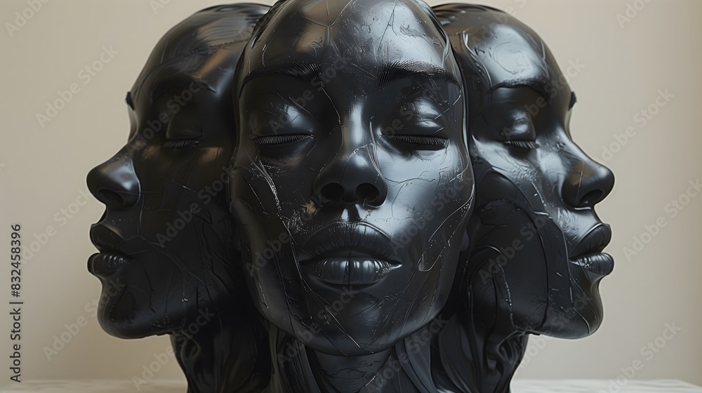 Intricate Three-Headed Black Sculpture Displayed in a Minimalist Gallery Room During Daylight. Generative AI