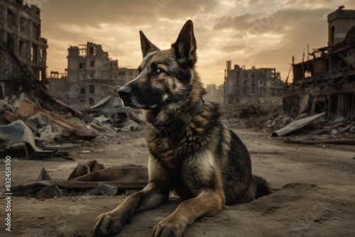 Lonely Dog In A Post-Apocalyptic Damaged Abandoned City