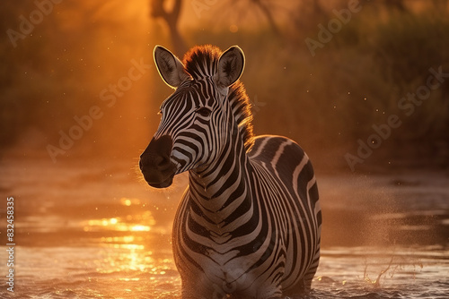 Zebra splashes in sunrise glow