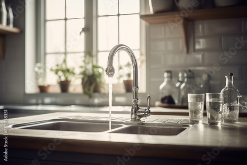Morning kitchen scene with running faucet water photo