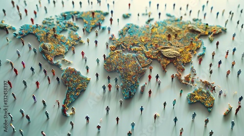 A model of the earth's continents on which human figurines walk. World Population Day photo