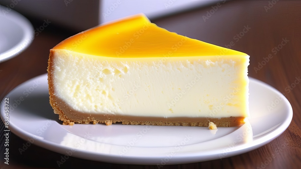 A slice of creamy cheesecake with a graham cracker crust, topped with a vibrant yellow lemon glaze. Served on a white plate, this dessert looks smooth and indulgent A slice of creamy cheesecake with a graham cracker crust, topped with a vibrant yellow lemon glaze. Served on a white plate, this dessert looks smooth and indulgent