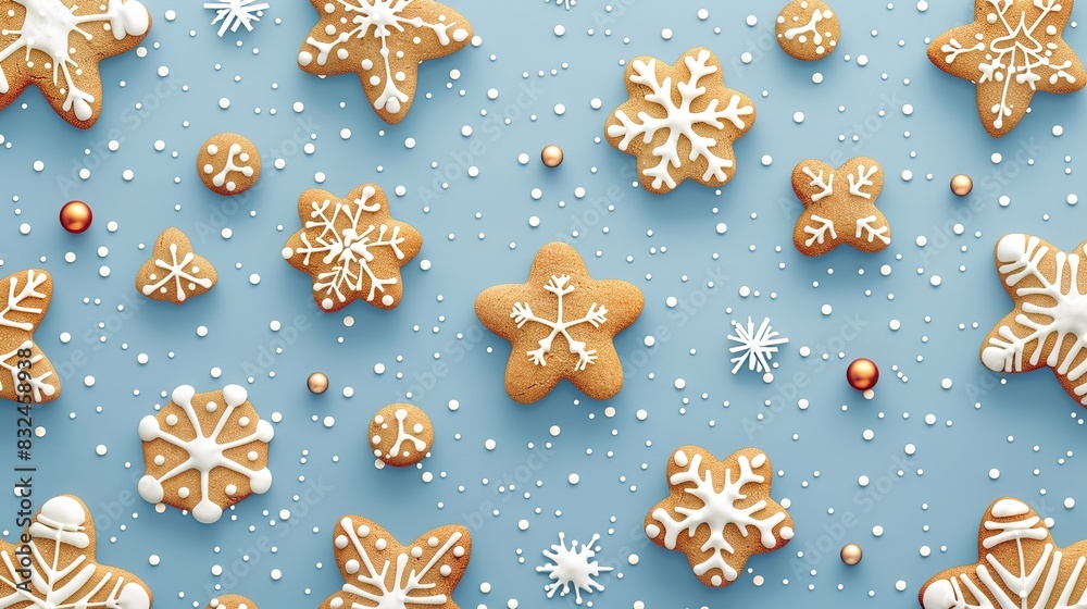 Christmas background featuring a pattern of gingerbread cookies and snowflakes Christmas background featuring a pattern of gingerbread cookies and snowflakes