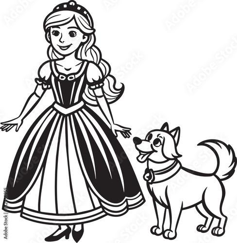 princess in a dress with dog illustration black and white