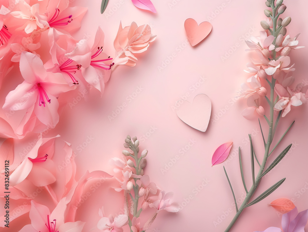 pink background with beautiful flowers top view