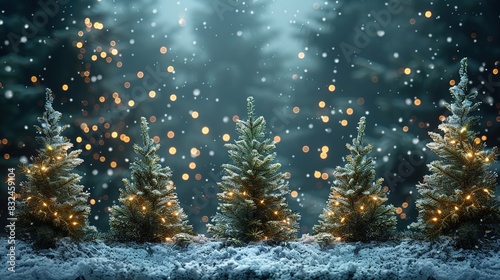 Christmas background featuring a snowy winter scene with pine trees and twinkling lights