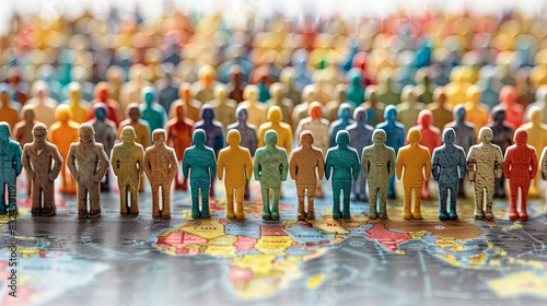 Multicolored figurines of people stand on the world map. World Population Day
