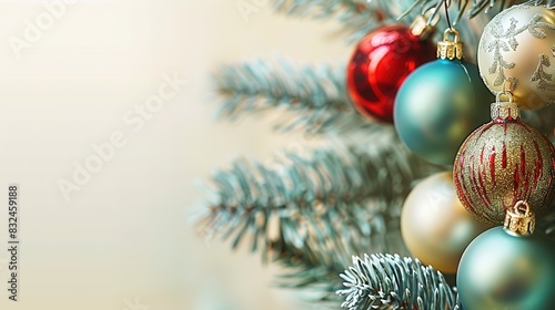 Christmas background with a close-up of Christmas ornaments hanging on a tree  copy space