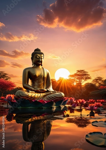 Buddha statute at sunset. Big buddha statute under water
