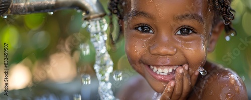 Smiling child with water dripping from a tap