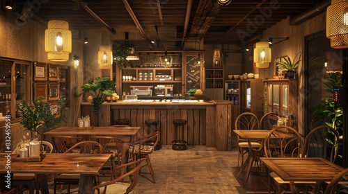 A rustic coffee shop with wooden furniture  earth-tone decor  and warm lighting creating a cozy ambiance